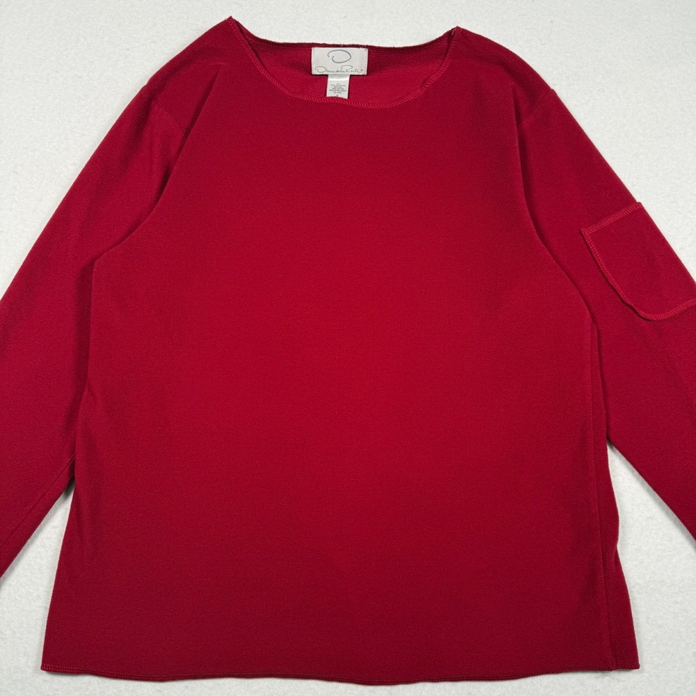 Oscar de la Renta Pink Label Red Fleece Crew Neck Long Sleeve Pocket Top Small